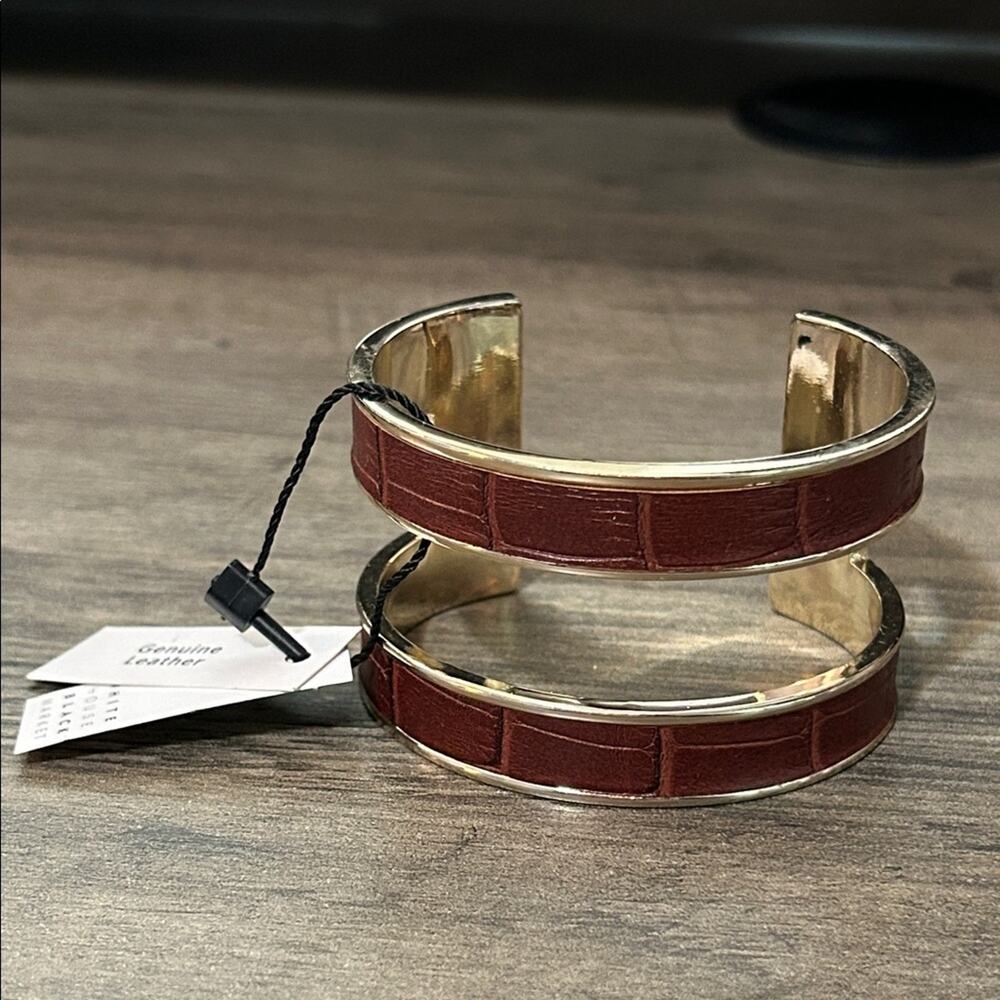 WHBM White House Black Markwt Brown Leather Gold Tone wide cuff bracelet #771